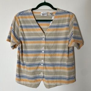 VINTAGE CHRISTOPHER & BANKS Orange Blue Stripe Short Sleeve Button Up Top Medium